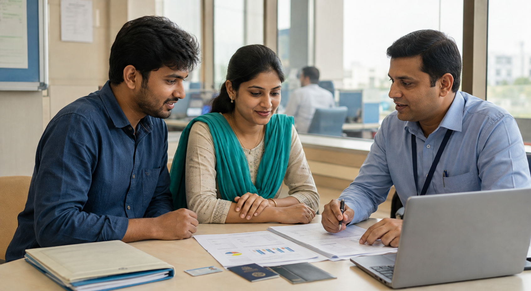First-time Indian entrepreneurs discussing a government business-loan application with an adviser