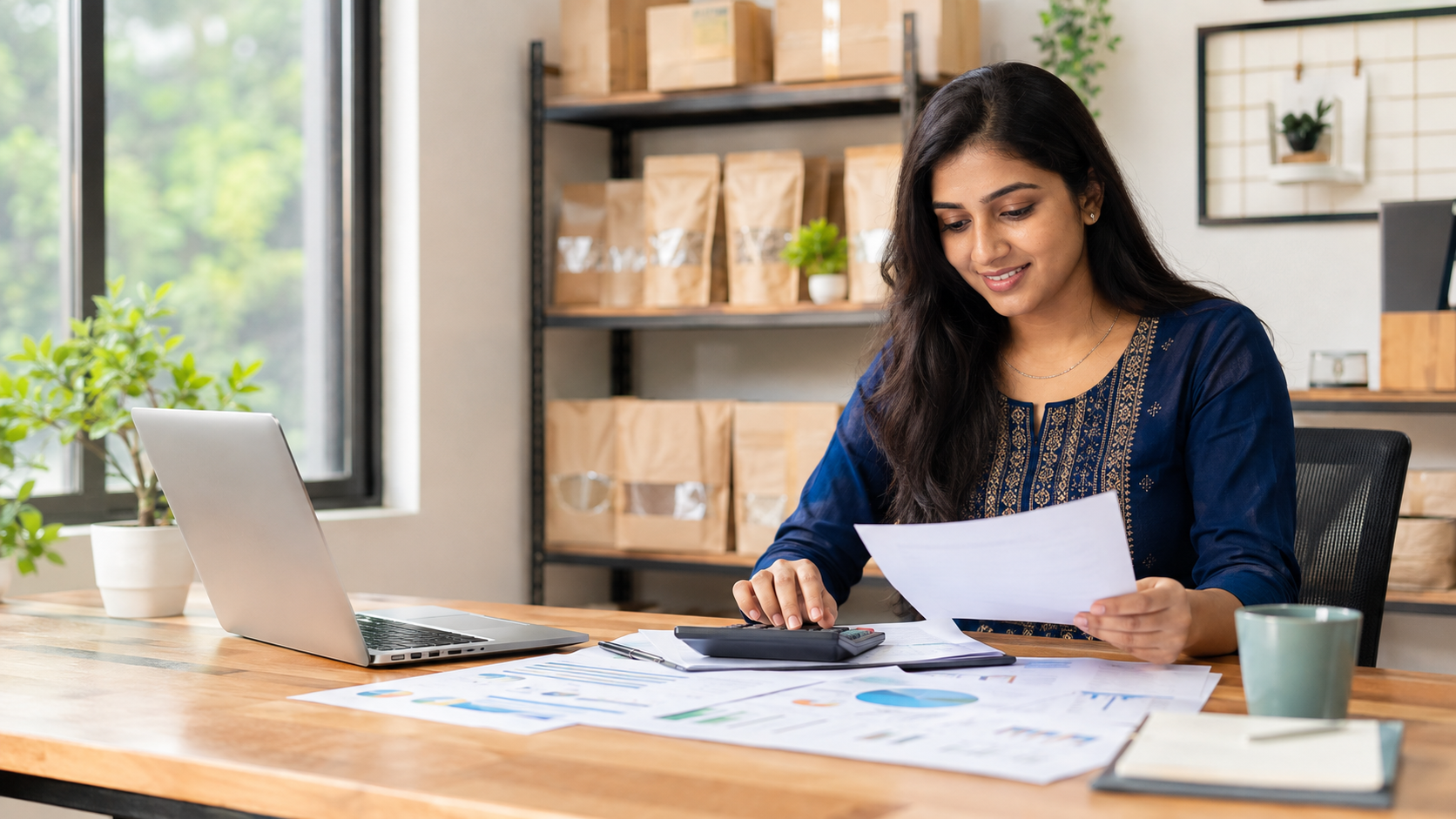 Indian woman entrepreneur reviewing a government business loan application and financial plan