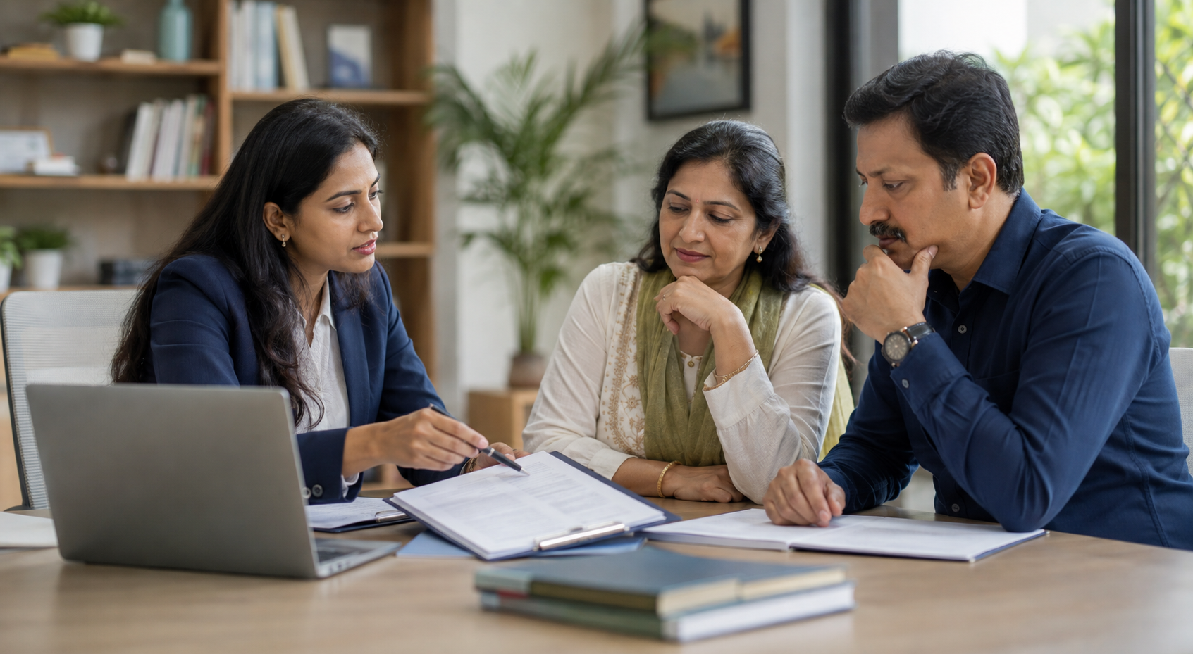 Indian insurance adviser explaining policy terms and 2026 insurance reforms to a couple